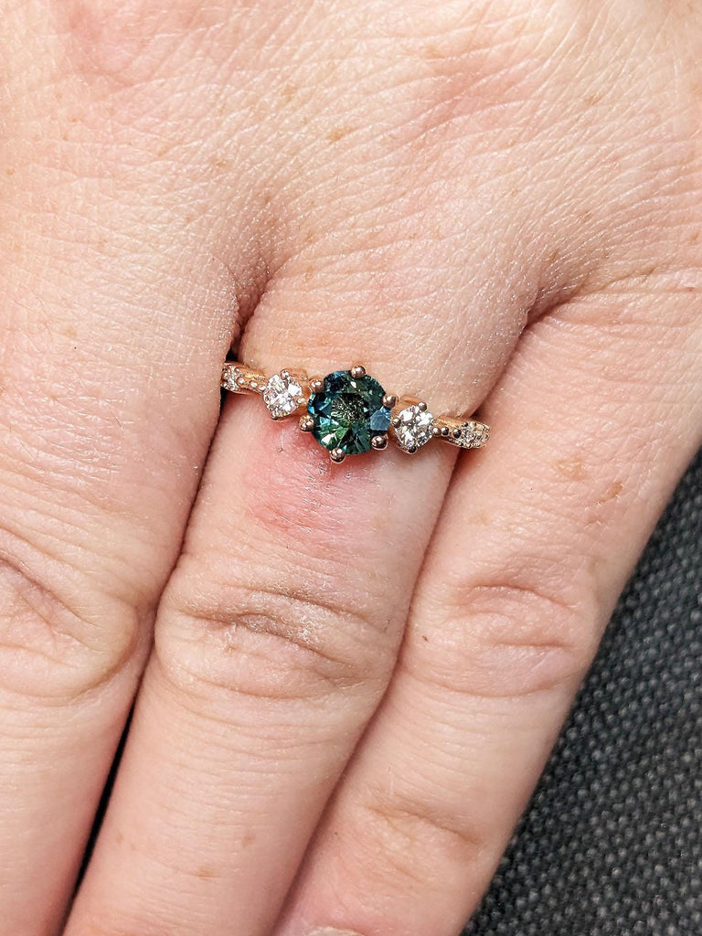 Classical Round Natural Peacock Sapphire Engagement Ring, 14K Rose Gold Art Deco Promise Diamond Ring, Vintage Sapphire Ring, September Birthstone Jewelry