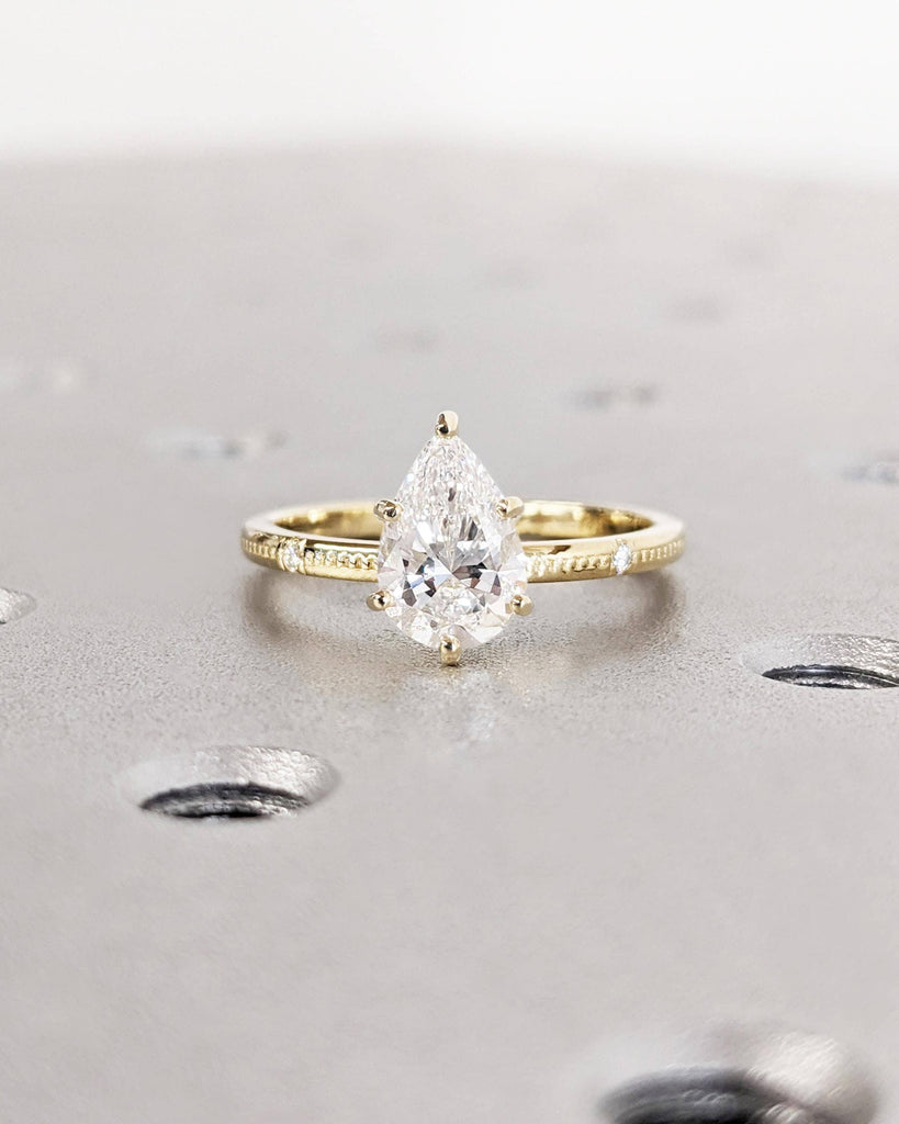 Vintage Inspired Braided Engagement Ring, Solitaire Pear Moissanite Ring, 14K Gold Diamond Accent Wedding Ring, Unique Filigree Wedding Ring