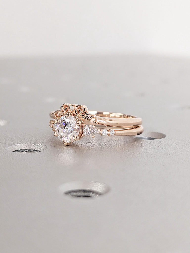 Real Rose Gold Prong Set Ring | Lab Diamond Engagement Ring Set | Art Deco Diamond Promise Anniversary Ring for Her | Antique Crown Ring