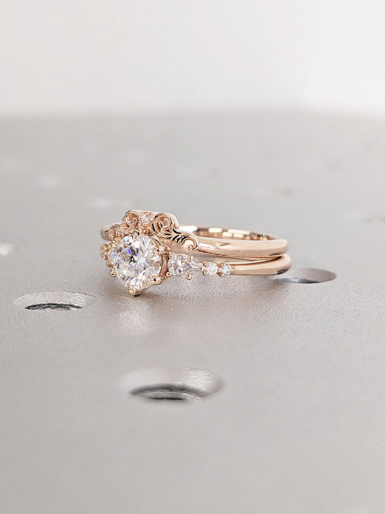 Unique Lab Diamond Cluster Engagement Ring Set | Dainty 14K Rose Gold Tapered Band | Vintage Lab Diamond Crown Ring | Jewelry Gift for Wife