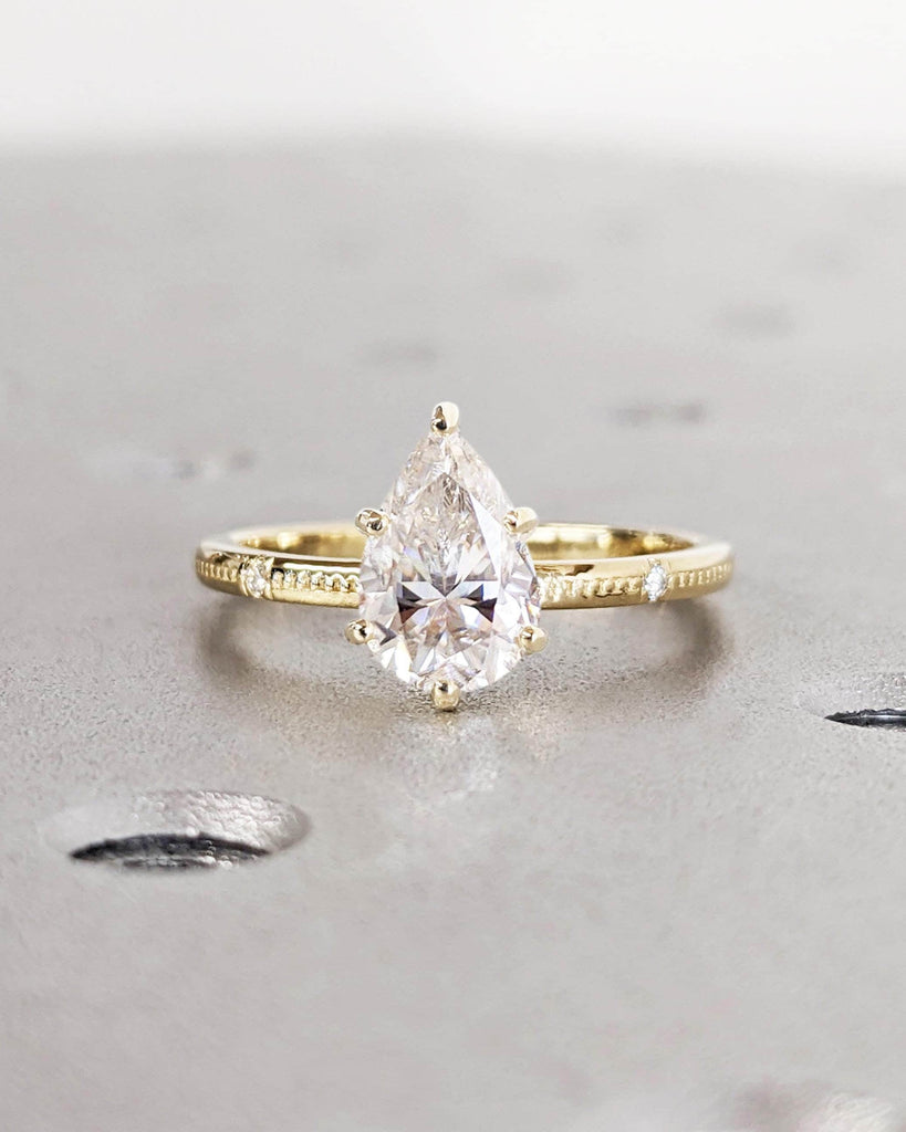 Pear Cut Moissanite Ring, Unique 14k Yellow Gold Engagement Ring, Beaded Wedding Rings for Women, Vintage Statement Ring, Bridal Jewelry