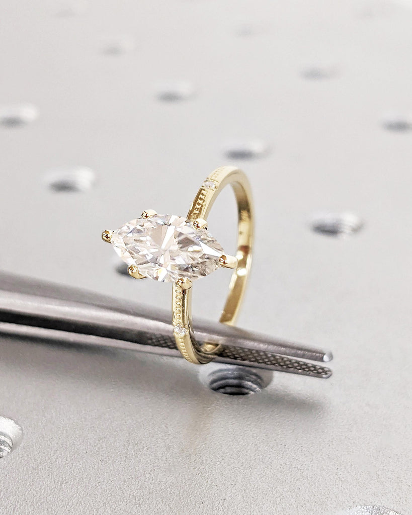 Vintage Inspired Marquise Moissanite Ring, Braided Engagement Ring, 14K Gold Diamond Accent Wedding Ring, Unique Solitaire Ring, Bridal Ring