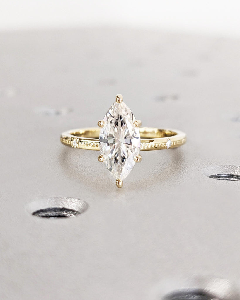 Vintage Inspired Braided Engagement Ring, Solitaire Marquise Cut Moissanite Ring, 14K Gold Diamond Accent Wedding Ring, Unique Filigree Ring