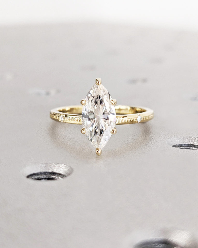 Art Deco Moissanite Promise Ring | Marquise Cut 14k Yellow Gold Wedding Ring | Beaded Engagement Ring | Proposal Ring | Bridal Gift for Her