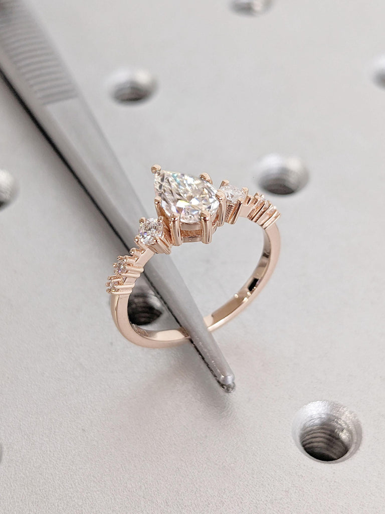 Delicate Pear cut Lab Diamond Engagement Ring | Solid Rose Gold Prong set Ring | Art Deco Diamond Cluster Engagement Ring | Gift for Her