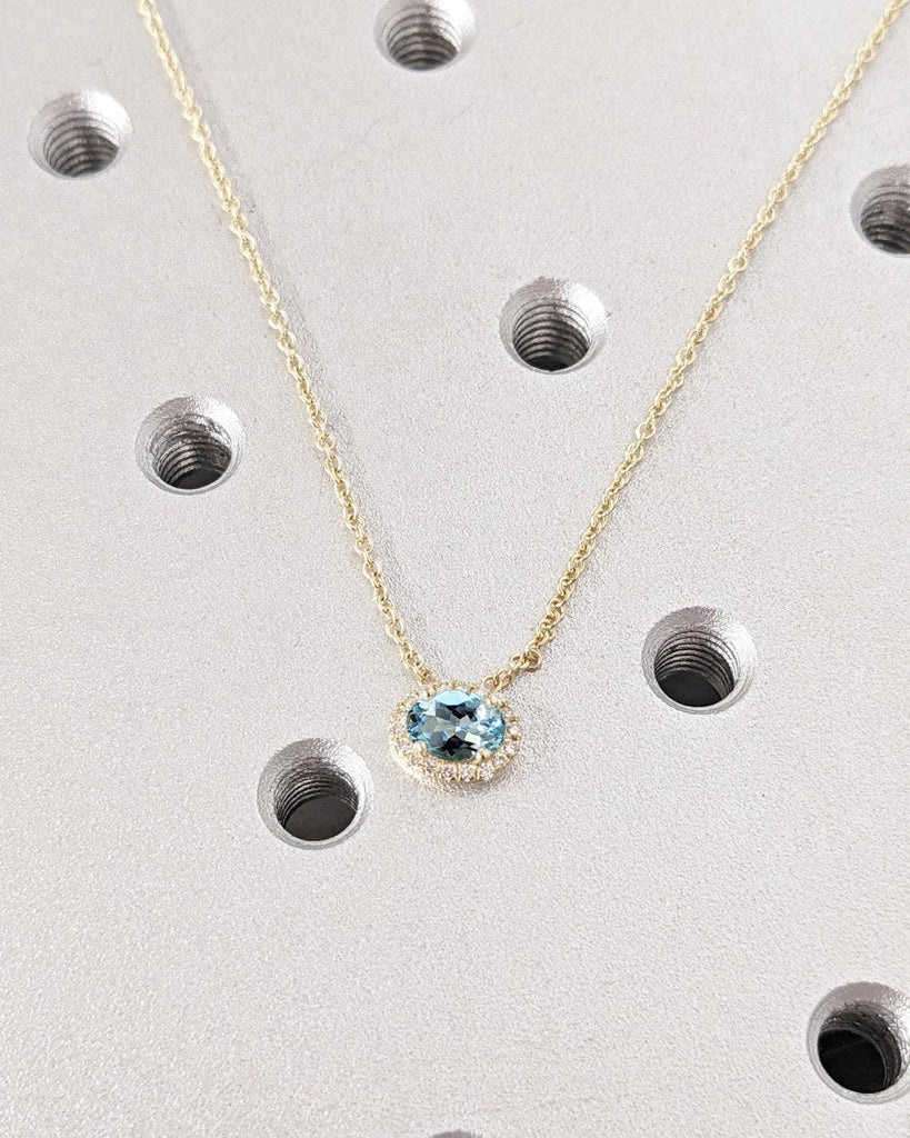 Sky Blue Lab Aquamarine Pendant with Halo Diamonds | Classic Aquamarine Necklace for Her | Rope Chain Necklace | East West Oval Solitaire Pendant