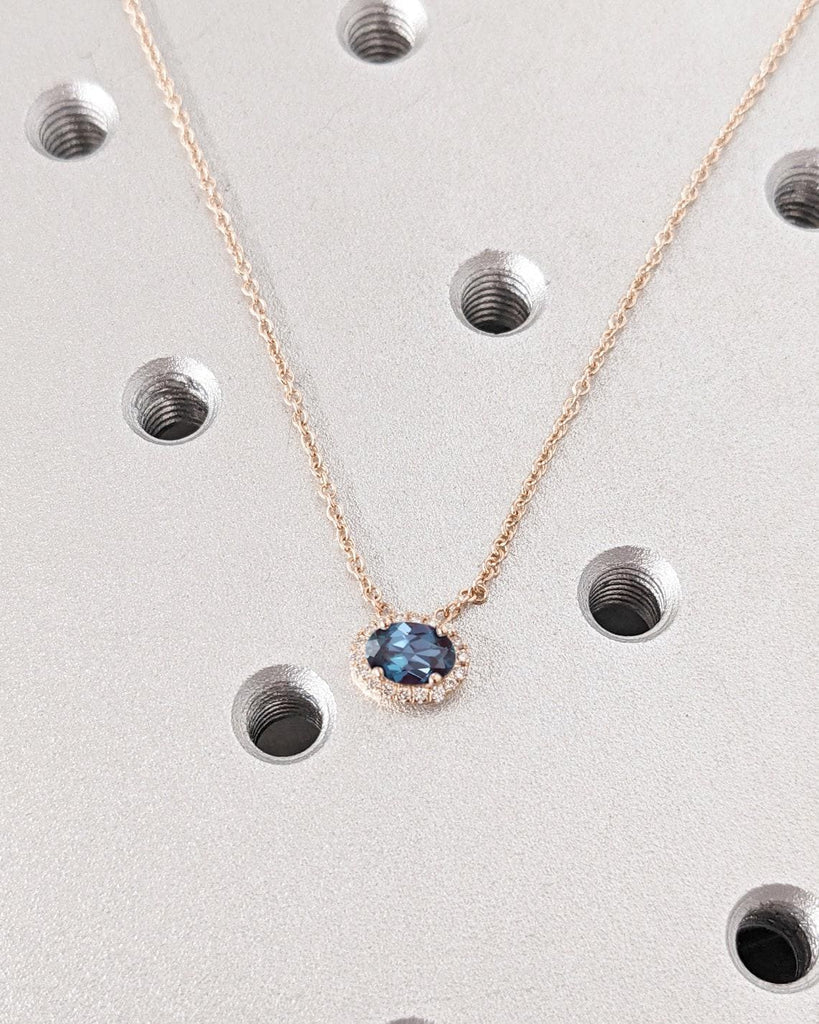 Blue Purple Lab Alexandrite Pendant with Halo Diamonds | Classic Alexandrite Necklace for Her | Rope Chain Necklace | East West Oval Solitaire Pendant