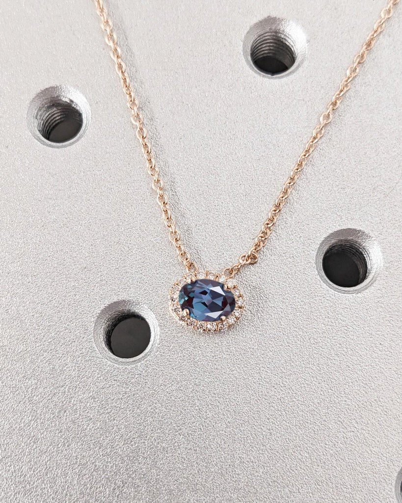 Dainty Blue Purple Lab Alexandrite Solitaire Pendant Necklace | 14K Yellow Gold Moissanite Halo Necklace | East West Diamond Necklace