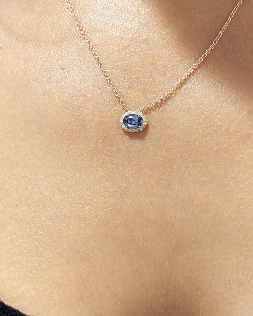 14K Rose Gold Alexandrite Simple Necklace for Her | Oval Solitaire Pendant | Minimalist Dainty Everyday Diamond Halo Women Necklace Jewelry