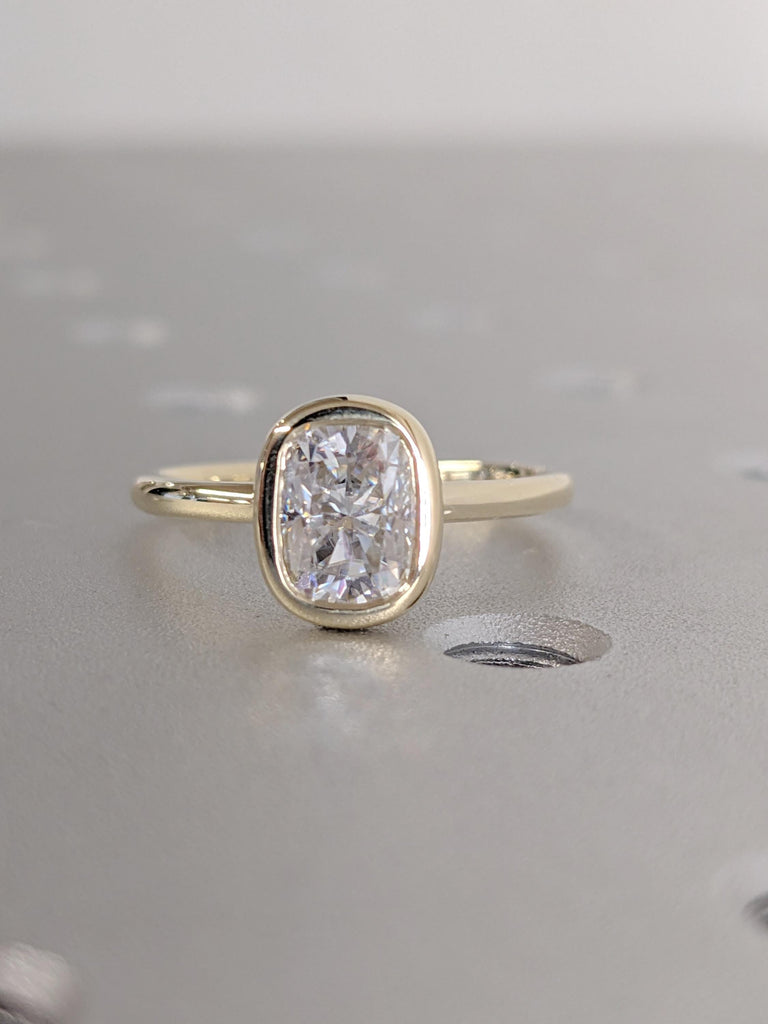 Cushion Cut Moissanite Promise Ring | Vintage Hidden Halo Engagement Ring in 14K Yellow Gold | Anniversary Gift | Diamond Statement Ring