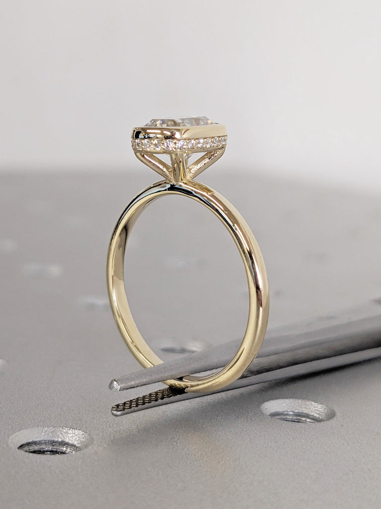 Cushion Cut Lab Grown Diamond Ring, Hidden Halo 14K Yellow Gold Rings for Women, Diamond Wedding Ring for Her, Unique Bridal Gift for Wife