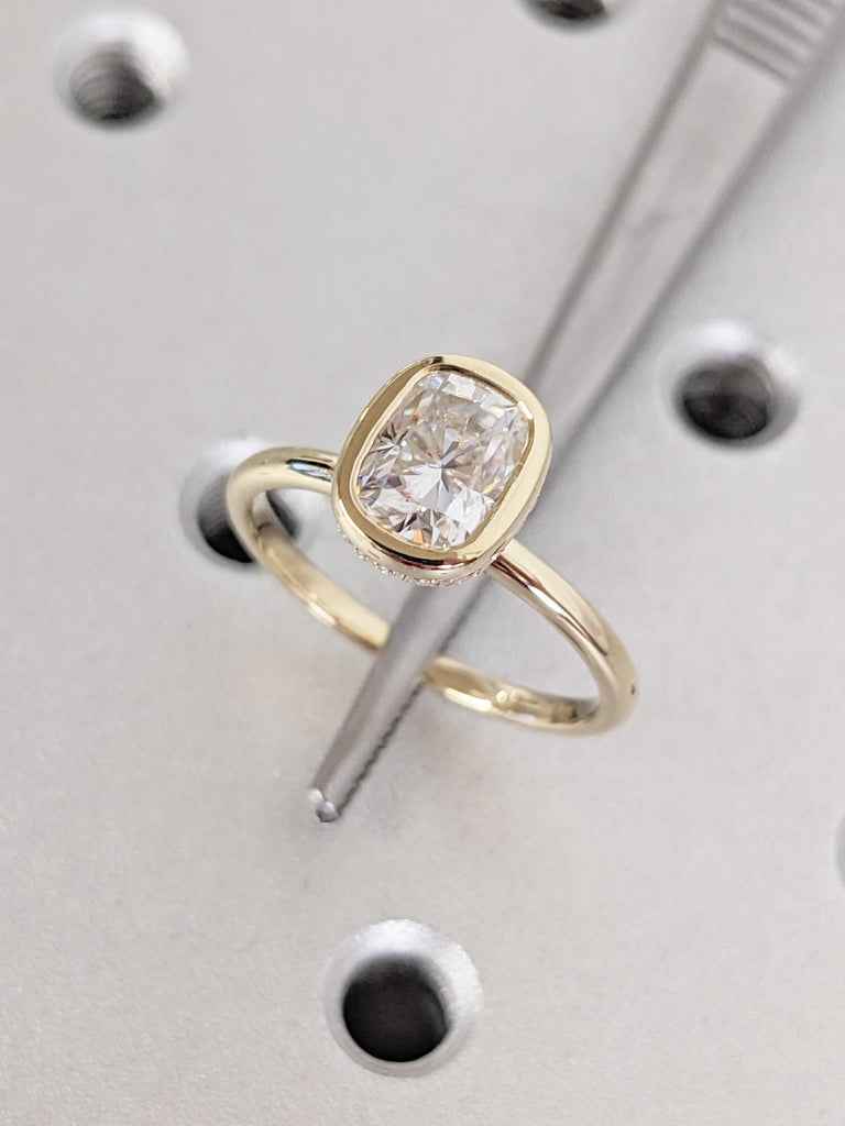 Cushion Cut Lab Grown Diamond Ring, Hidden Halo 14K Yellow Gold Rings for Women, Diamond Wedding Ring for Her, Unique Bridal Gift for Wife