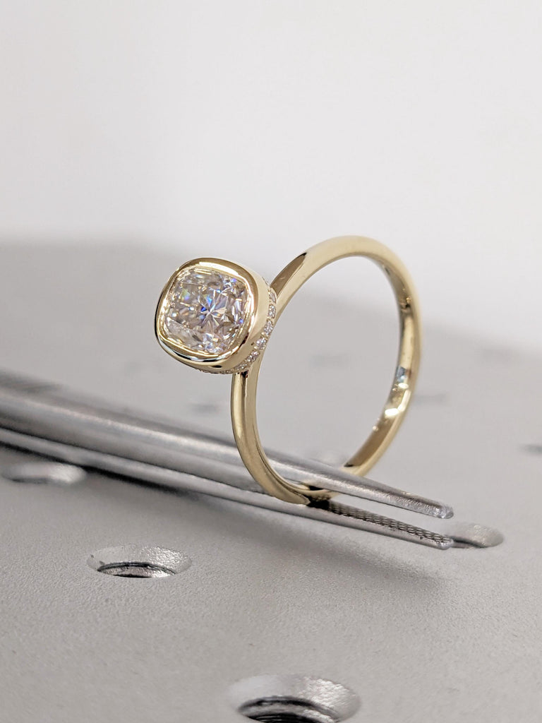 Cushion Cut Lab Grown Diamond Ring, Hidden Halo 14K Yellow Gold Rings for Women, Diamond Wedding Ring for Her, Unique Bridal Gift for Wife