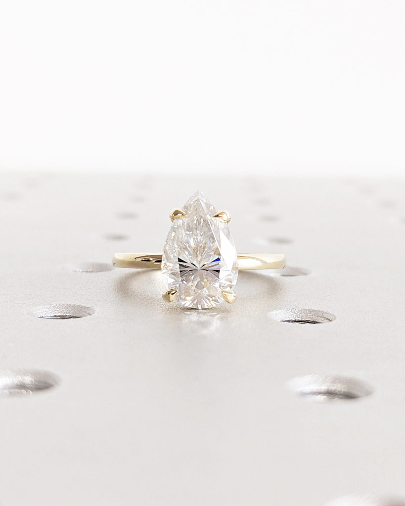 3ct Pear cut Moissanite Solitaire Proposal Ring | Talon Prong Ring | Thin Yellow Gold Ring for Her