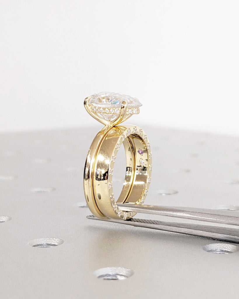 Dainty Lab Grown Diamond Hidden Halo Engagement Ring | Solid Yellow Gold Moissanite Solitaire Ring | Woman Wedding Ring Set | Lab Diamond Full Eternity Ring