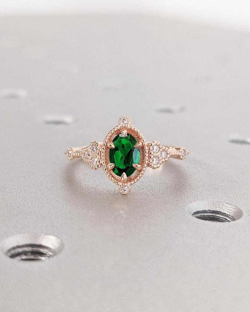 Vintage Milgrain Edge Rose Gold Wedding Band | Emerald with Diamond Cluster Engagement Ring | Art Deco Bridal Anniversary Promise Ring for Her