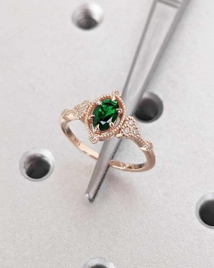 May Birthstone Green Emerald Solitaire Vintage Promise Ring for Her | 14K Rose Gold Art Deco Diamond Cluster Engagement Ring