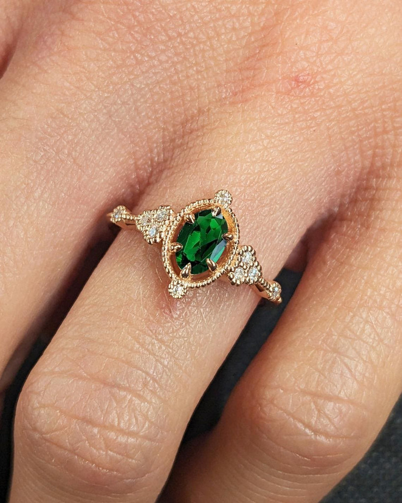 Oval cut Lab Grown Emerald Milgrain Wedding Ring for Wife | Solid Gold, Platinum Woman Bridal Jewelry | May Birthstone Gift for Her