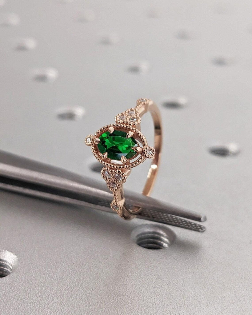 Vintage Oval Lab Grown Emerald Engagement Ring | Art Deco Milgrain Rose Gold Wedding Ring | Unique Moissanite Cluster Bridal Ring For Women