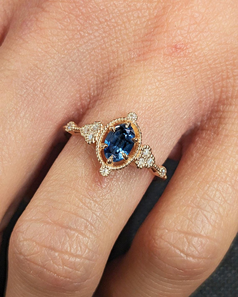 Vintage Oval Lab Grown Sapphire Engagement Ring | Art Deco Milgrain Rose Gold Wedding Ring | Unique Moissanite Cluster Bridal Ring For Women