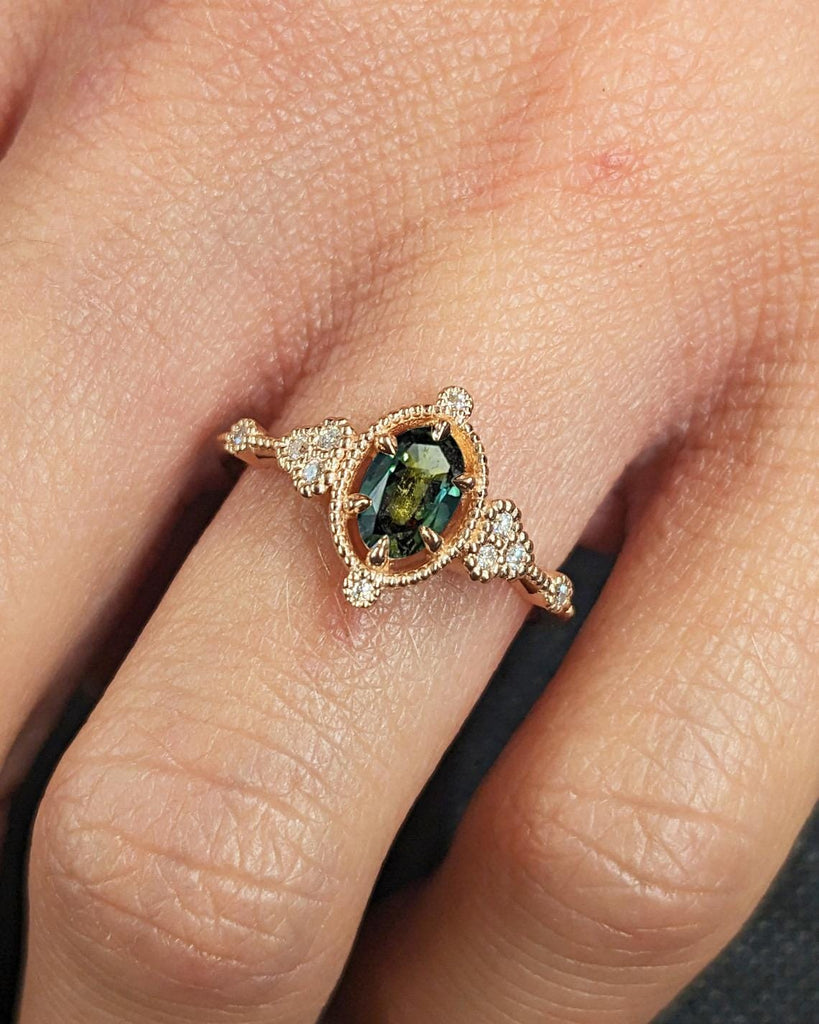 Victorian Style Lace Engagement Ring, Oval Peacock Sapphire Ring, Blue Green Gemstone Ring, Rose Gold Ring, Art Deco Ring, Art Nouveau Ring