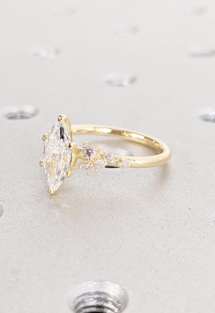 0.5-2ct Marquise Cut Moissanite Ring | Vintage Yellow Gold Moissanite Engagement Ring | Art Deco Snowdrift Bridal Ring | Gift for Women