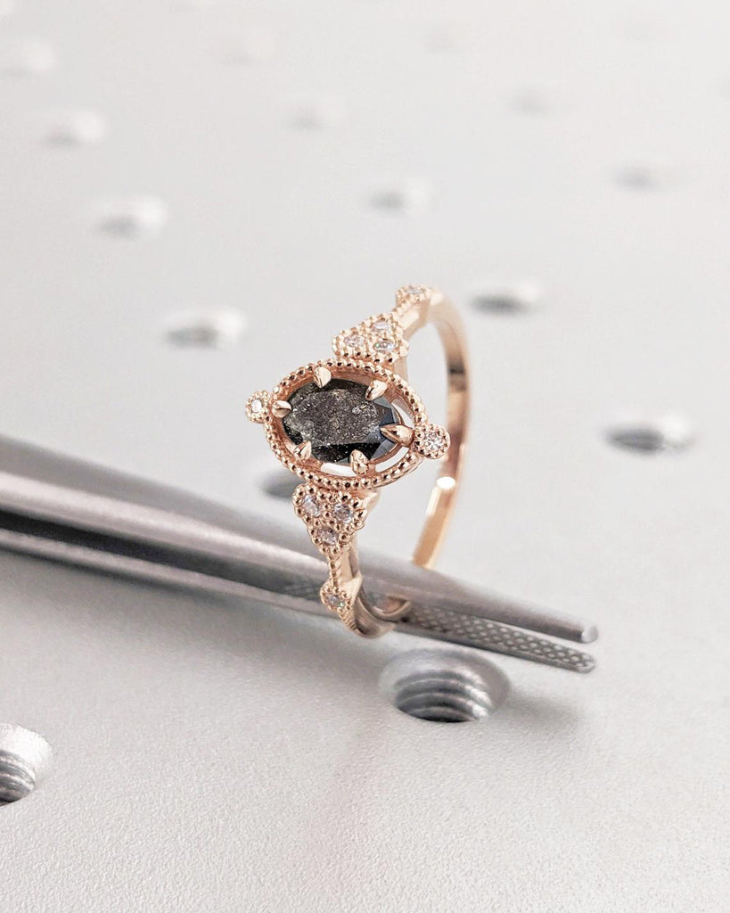 Vintage Salt and Pepper Diamond Engagement Ring | Oval Diamond Ring | 14K Rose Gold Ring | Unique Women Promise Ring For Her | Handmade Gift