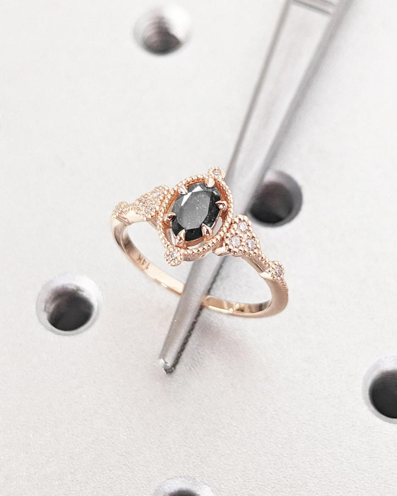 Natural Salt and Pepper Grey Diamond Real Rose Gold Ring For Women | Diamond Cluster Engagement Ring | Solitaire Ring Oval Cut Gemstone Ring