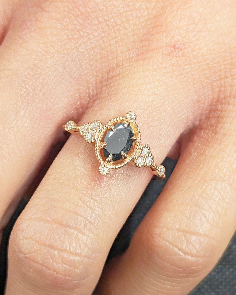 Natural Salt Pepper Grey Diamond Real Rose Gold Ring For Women, Diamond Engagement Ring, Solitaire Ring Oval Cut Gemstone Ring