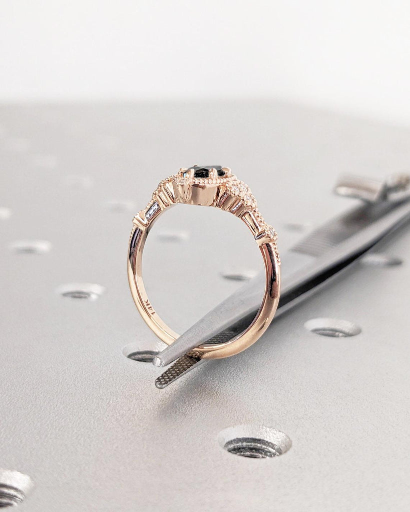 Natural Salt and Pepper Grey Diamond Real Rose Gold Ring For Women | Diamond Cluster Engagement Ring | Solitaire Ring Oval Cut Gemstone Ring