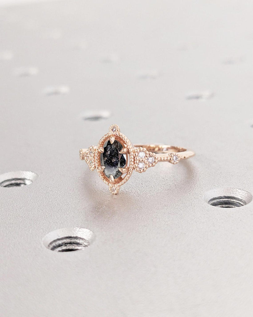 Natural Salt and Pepper Grey Diamond Real Rose Gold Ring For Women | Diamond Cluster Engagement Ring | Solitaire Ring Oval Cut Gemstone Ring