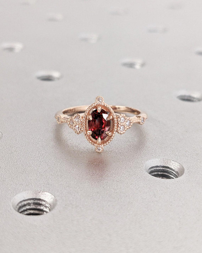 Vintage Oval Lab Grown Ruby Engagement Ring | Art Deco Milgrain Real Rose Gold Wedding Ring Unique Moissanite Cluster Bridal Ring For Women