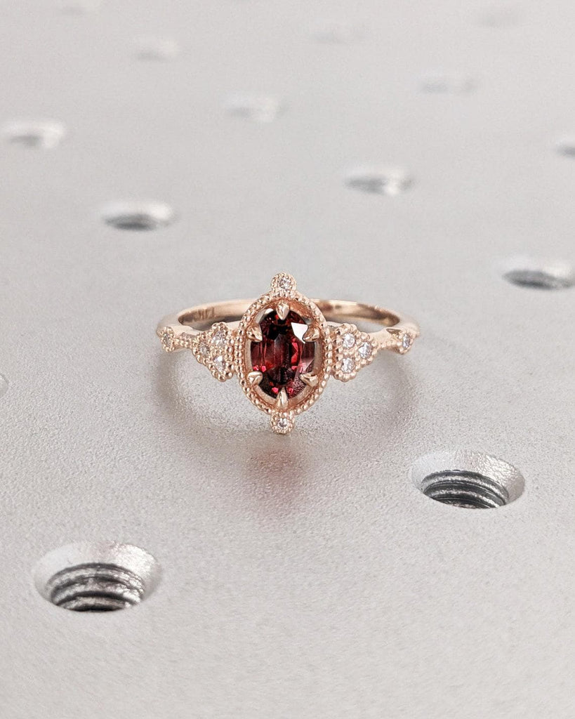 1, 1.5, 2ct Lab Grown Red Ruby Real Rose Gold Ring For Women | Lab Diamond Cluster Engagement Ring | Solitaire Ring Oval Cut Birthstone Ring