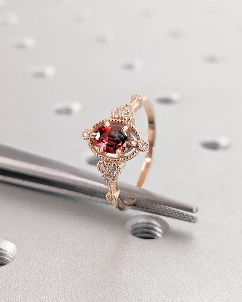 Vintage Oval Lab Grown Ruby Engagement Ring | Art Deco Milgrain Real Rose Gold Wedding Ring Unique Moissanite Cluster Bridal Ring For Women