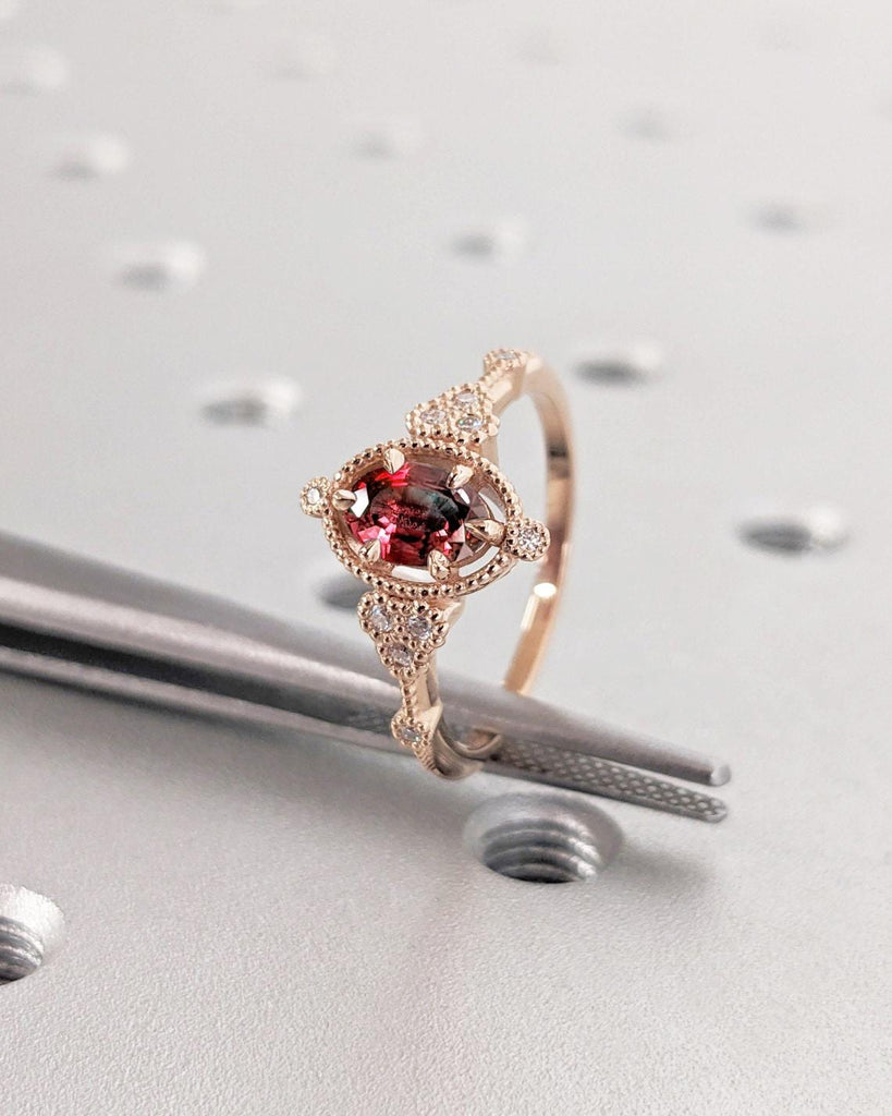 1, 1.5, 2ct Lab Grown Red Ruby Real Rose Gold Ring For Women | Lab Diamond Cluster Engagement Ring | Solitaire Ring Oval Cut Birthstone Ring