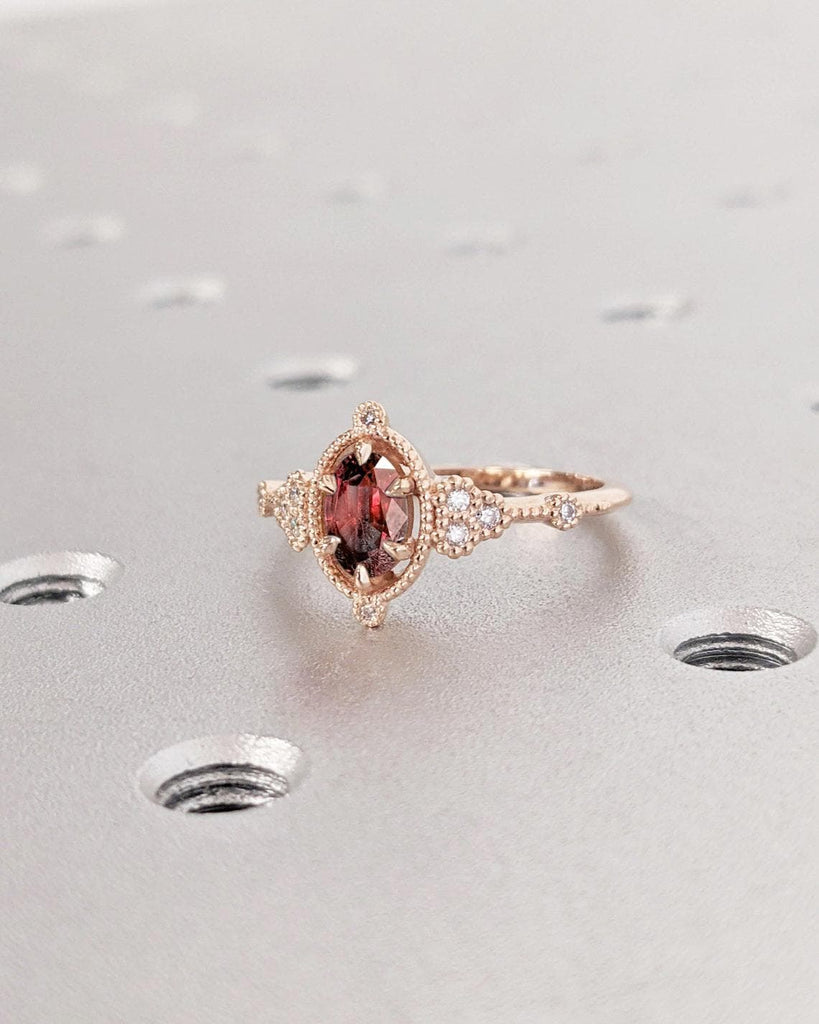 1, 1.5, 2ct Lab Grown Red Ruby Real Rose Gold Ring For Women, Lab Diamond Cluster Engagement Ring, Solitaire Ring Oval Cut Birthstone Ring