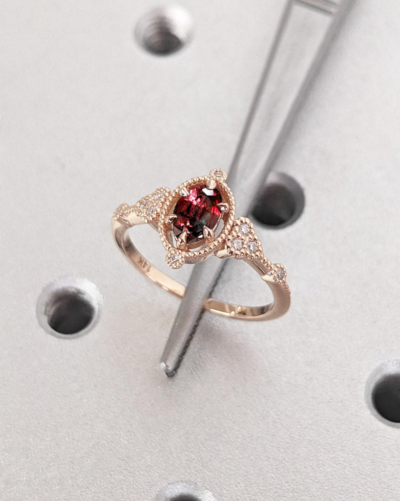 Vintage Oval Lab Grown Ruby Engagement Ring | Art Deco Milgrain Real Rose Gold Wedding Ring Unique Moissanite Cluster Bridal Ring For Women