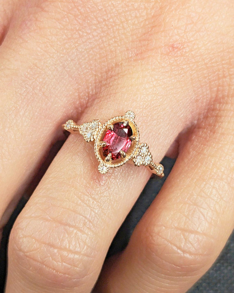 Vintage Oval Lab Grown Ruby Engagement Ring | Art Deco Milgrain Real Rose Gold Wedding Ring Unique Moissanite Cluster Bridal Ring For Women