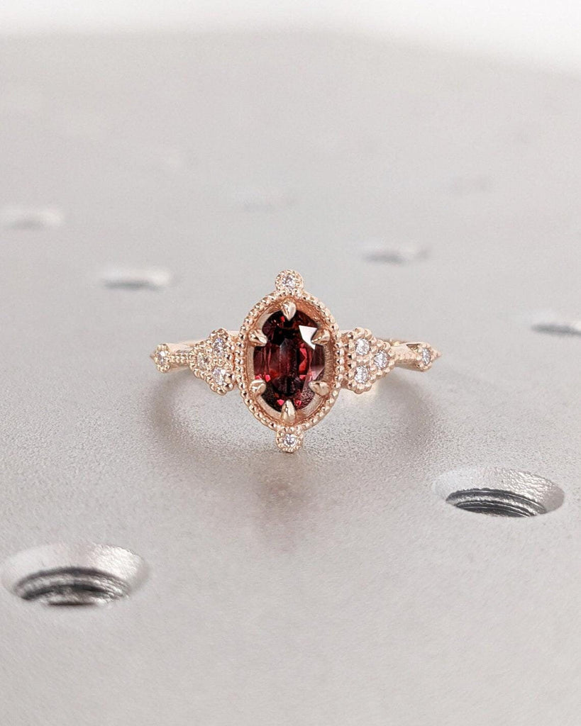 Vintage Oval Lab Grown Ruby Engagement Ring | Art Deco Milgrain Real Rose Gold Wedding Ring Unique Moissanite Cluster Bridal Ring For Women