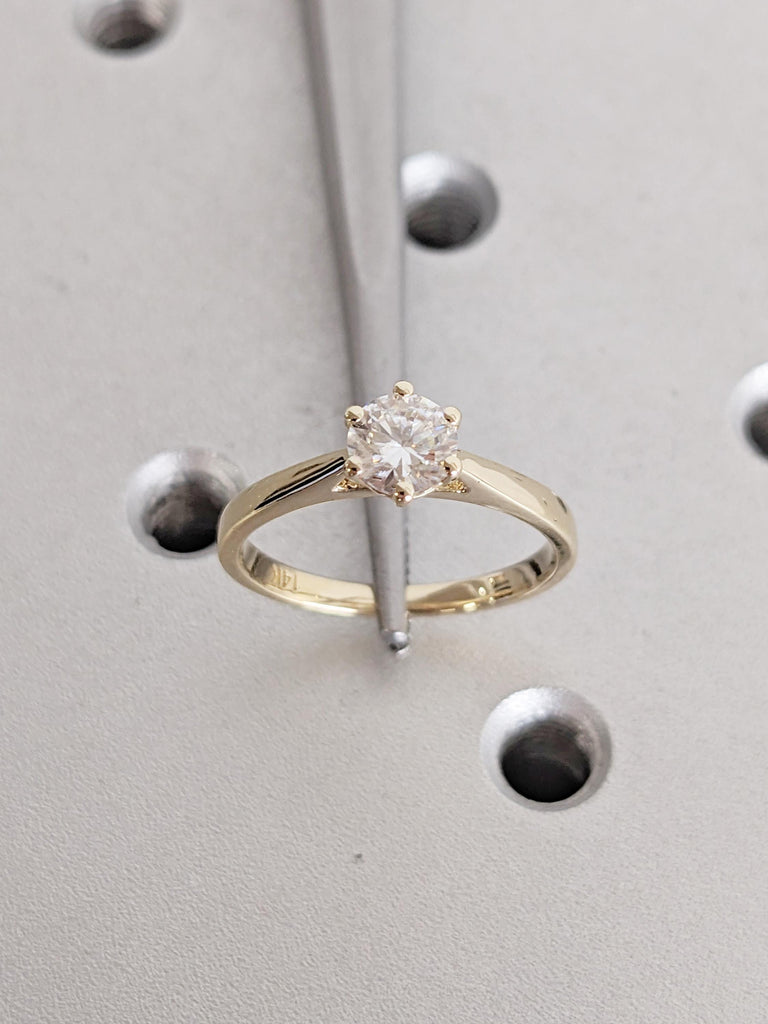 Unique Moissanite Anniversary Ring, 14k Gold Wedding Band, Solitaire Wedding Ring, Art Deco Ring, Minimalist Engagement Ring, Gift for Her