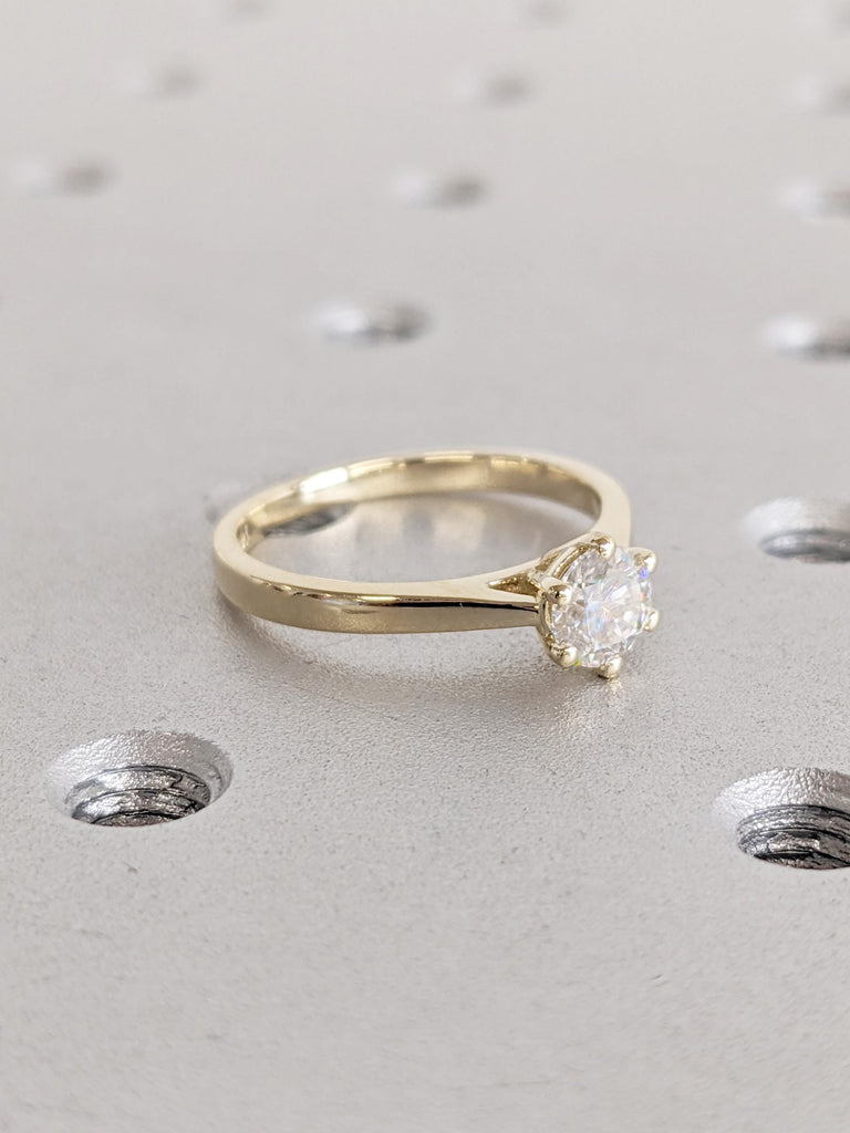 Unique Moissanite Anniversary Ring, 14k Gold Wedding Band, Solitaire Wedding Ring, Art Deco Ring, Minimalist Engagement Ring, Gift for Her