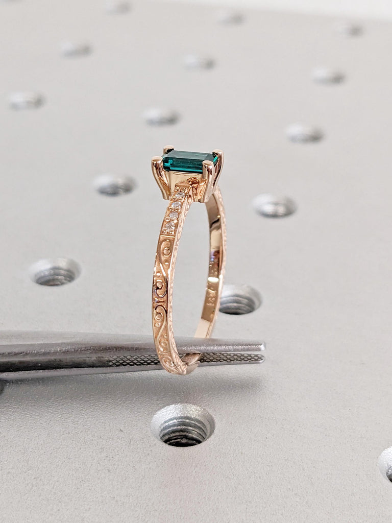 14k Rose Gold Lab Grown Emerald Promise Ring | Jewelry Gift for Her | Unique Diamond Engagement Ring for Wife | Gold Emerald Ring