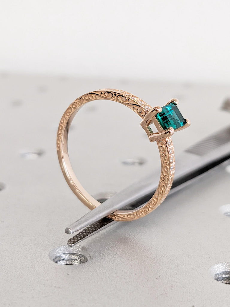 Vintage Emerald Engagement Ring | 14k Rose Gold Emerald Cut Ring | Bridal Gift for Daughter | Unique Wedding Gift for Women | Proposal Ring