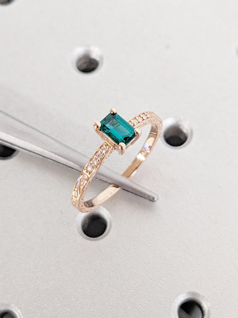 14k Rose Gold Lab Grown Emerald Promise Ring | Jewelry Gift for Her | Unique Diamond Engagement Ring for Wife | Gold Emerald Ring