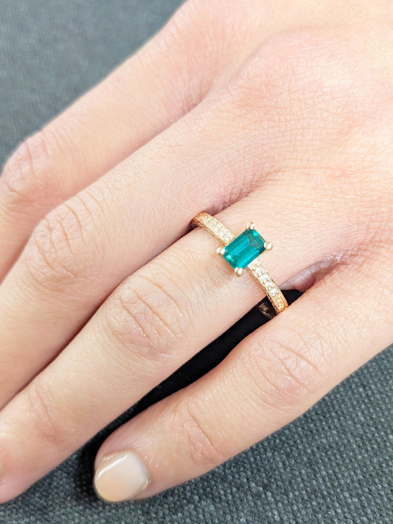 Vintage Emerald Engagement Ring | 14k Rose Gold Emerald Cut Ring | Bridal Gift for Daughter | Unique Wedding Gift for Women | Proposal Ring