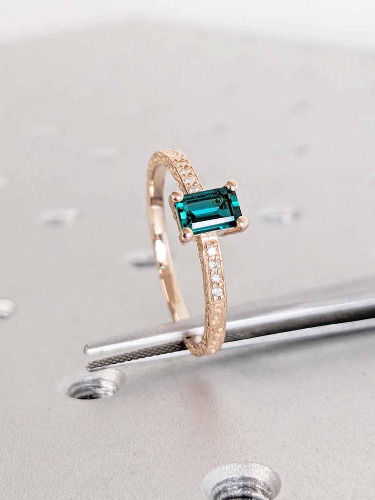 14k Rose Gold Lab Grown Emerald Promise Ring | Jewelry Gift for Her | Unique Diamond Engagement Ring for Wife | Gold Emerald Ring