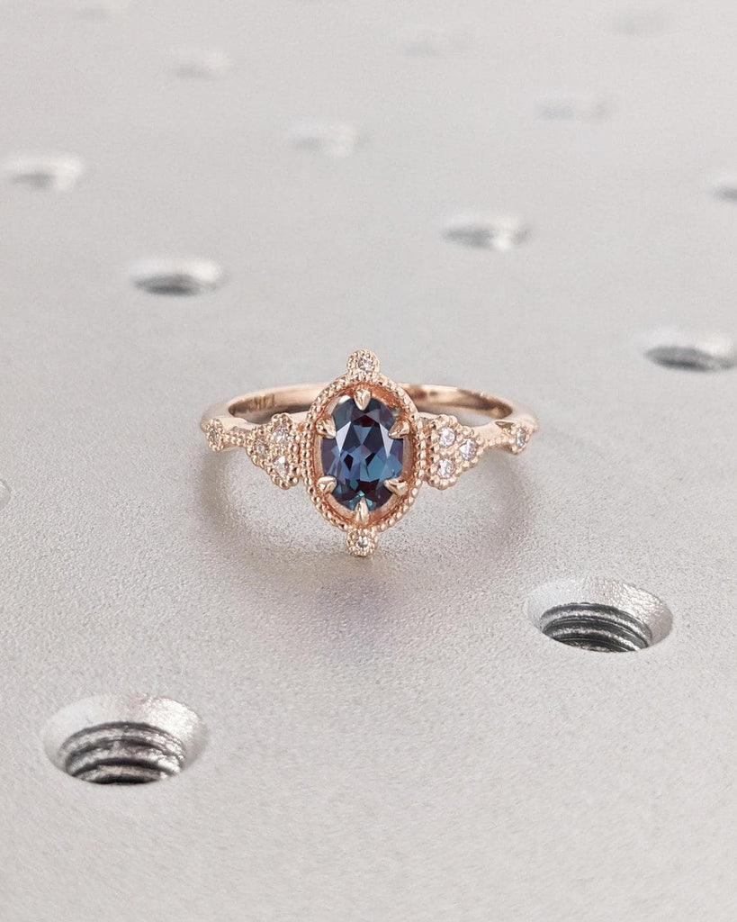 Unique Blue Purple Alexandrite Solitaire Ring | Vintage Lab Alexandrite Engagement Ring, Art Deco Diamond Cluster Promise Ring Oval cut Ring