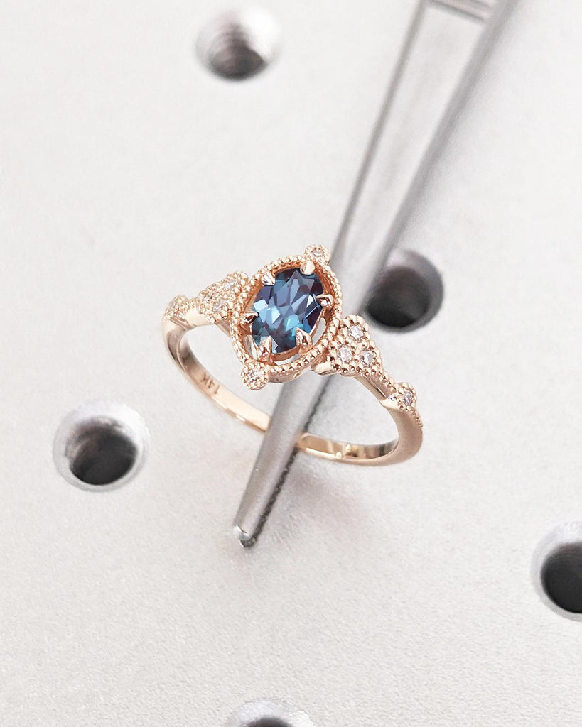 Unique Blue Purple Lab Grown Alexandrite Engagement Ring | 14K Rose Gold Oval Alexandrite Ring | Moissanite Cluster Promise Ring | Milgrain Wedding Band