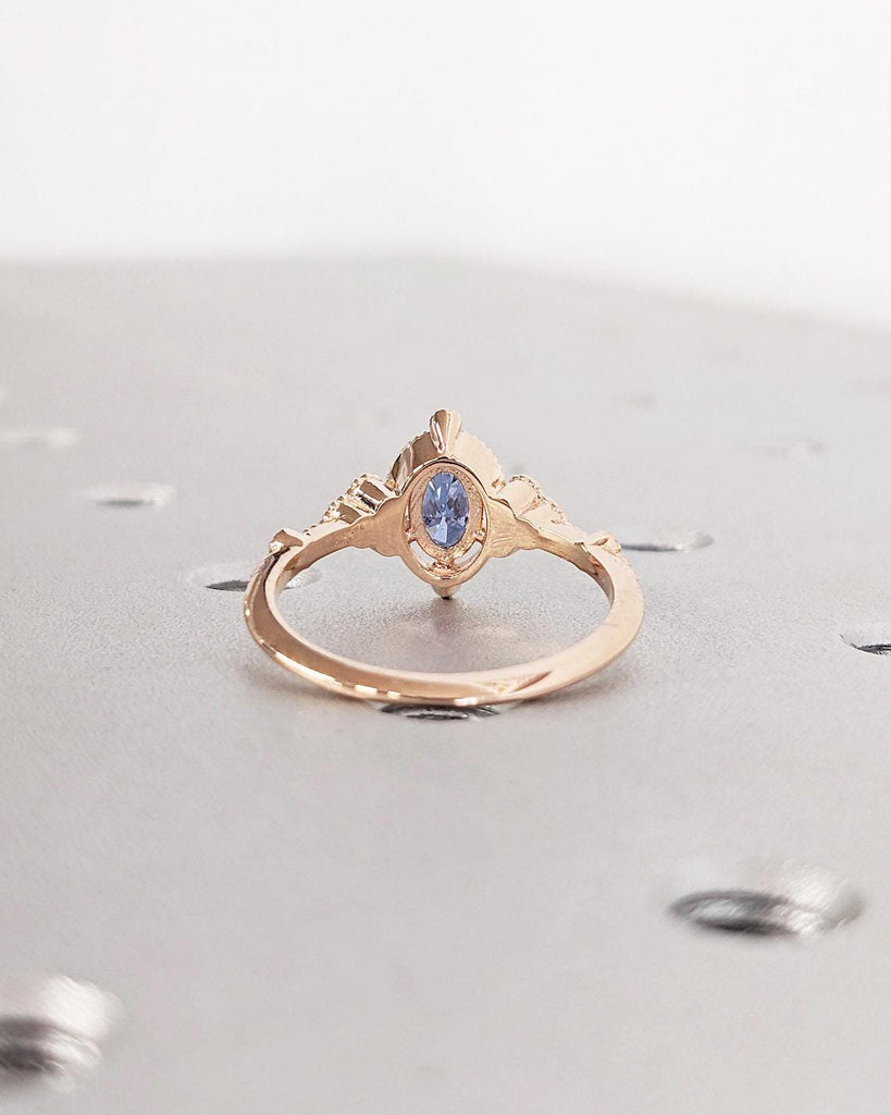 Antique Vintage Oval Cut Lab Alexandrite Engagement Ring - 14K Rose Gold - Blue Purple Color Changing Alexandrite Ring - Unique Wedding Ring