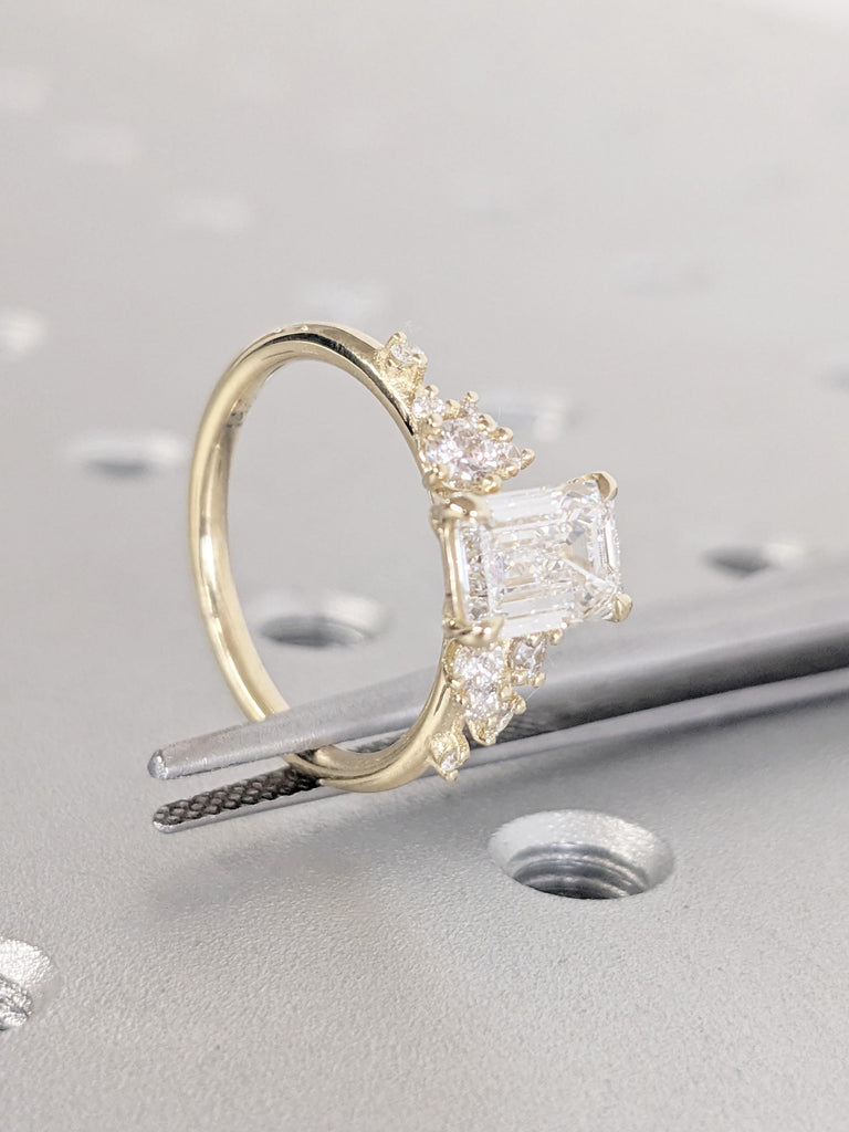 Emerald Cut Lab Grown Diamond | Unique 14K Yellow Gold Snowdrift Engagement Ring | Diamond Cluster Promise or Anniversary Ring for Women